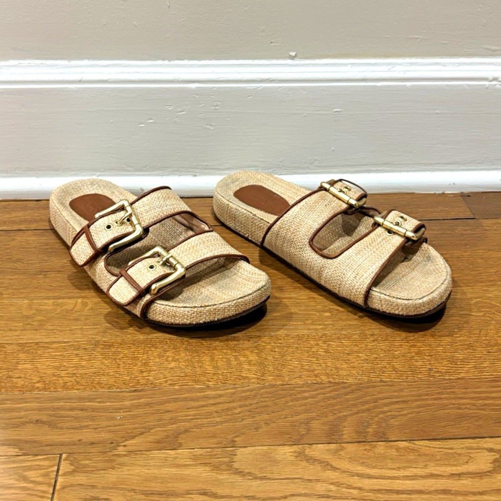 J.Crew Marlow Raffia Double Strap Buckle Chunky Slides Casual Sandals Sz 9.5